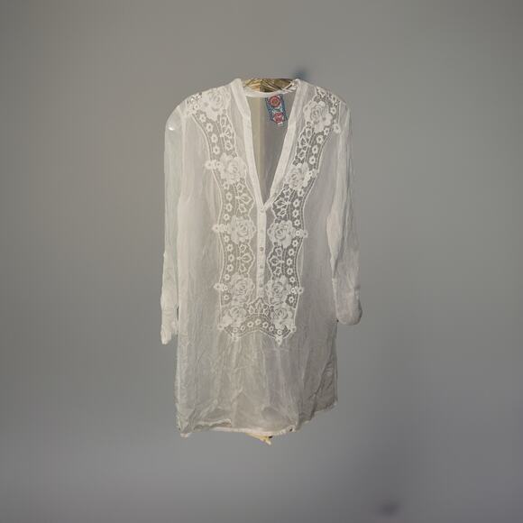Johnny Was Tops - Johnny Was Womens White Lace Embroidered Eyelet Long Sleeve Tunic Size XS C26